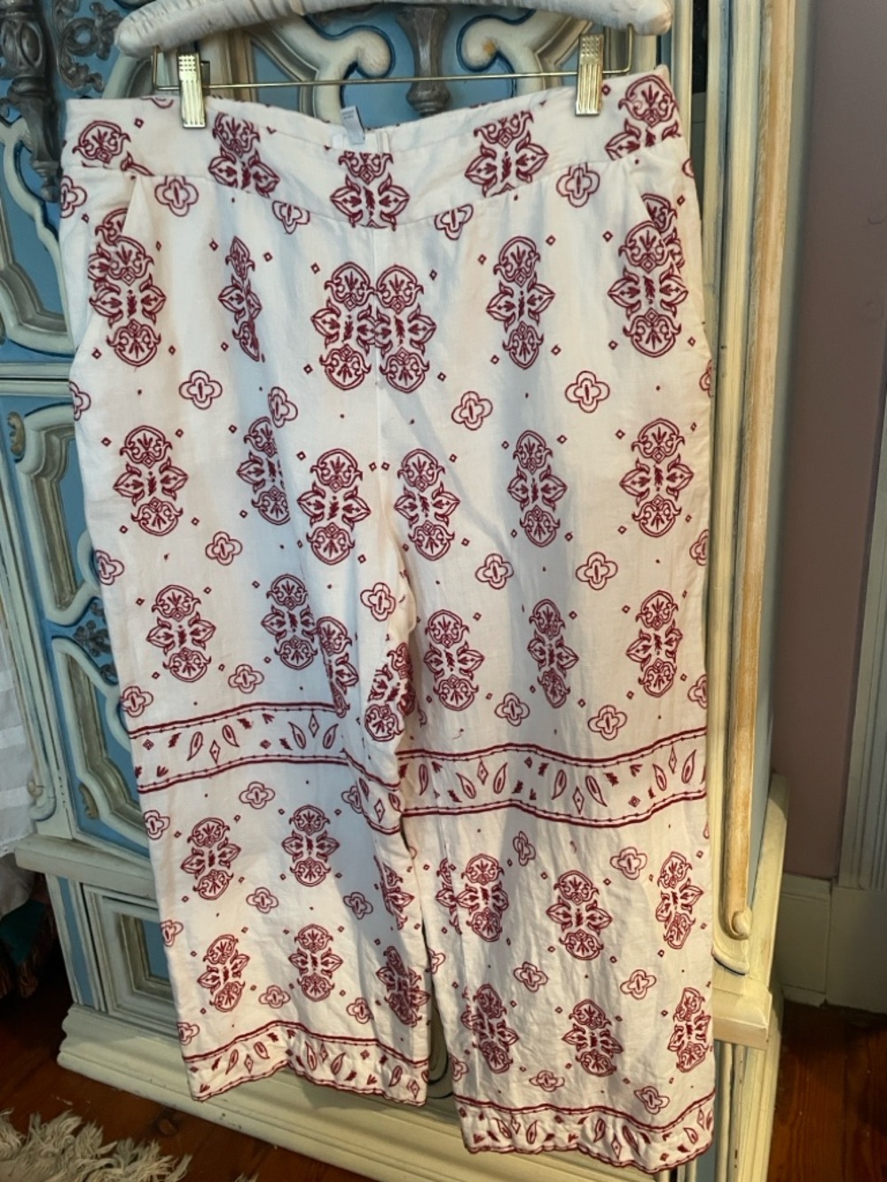 Anthropologie White Pant with Red Embroidered Detail